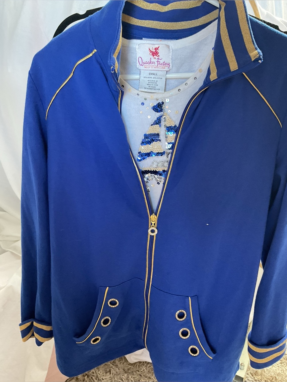Quacker factory Royal Blue Zip-Up Bomber Jacket with Gold Trim
